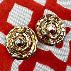 Vintage Brutalist Les Bernard HUGE Clip On Gold Earrings, Glam Dynasty 80s Era